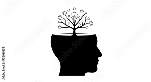 Human head silhouette with brain as a simple tree holding one light bulb, symbolizing a clear brilliant idea in bright studio