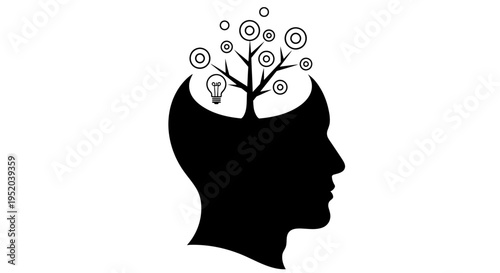 Human head silhouette with brain as an idea tree featuring light bulbs, symbolizing innovation and creative thinking in bright studio