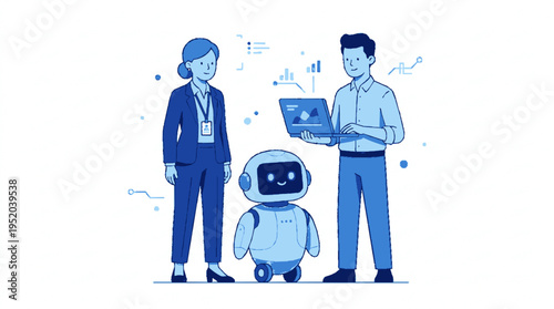 Business professionals collaborating with a robot in a modern office environment flat vector illustration futuristic technology concept
