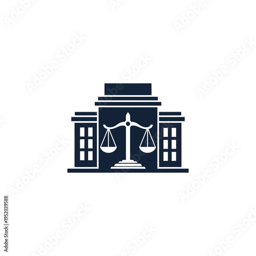 Symbol of justice and law representation, court building with scales of justice, vector illustration