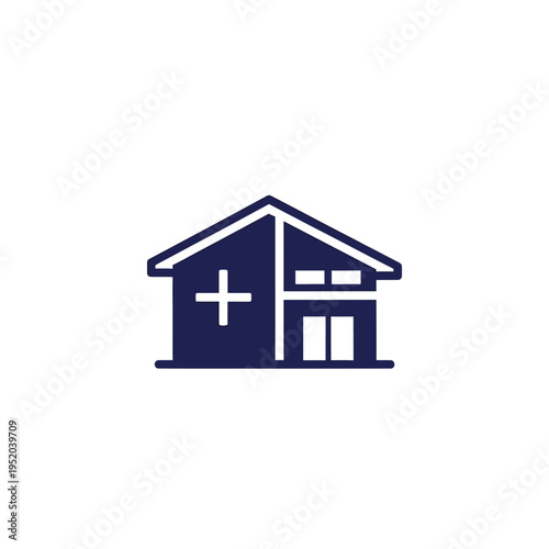 A minimalist, modern building icon representing a clinic or medical facility with a clear cross symbol, signifying healthcare services and accessibility