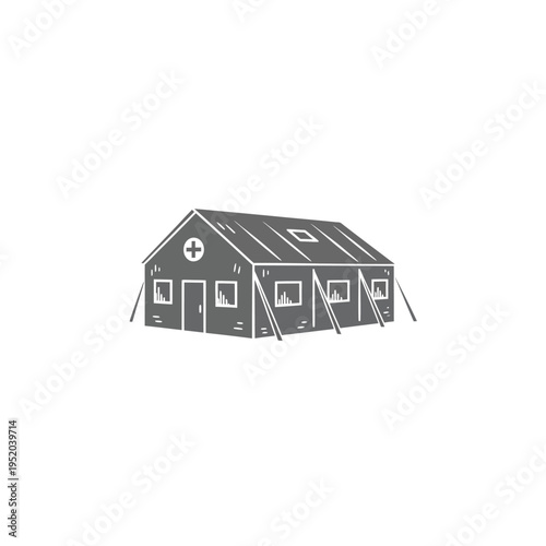 Emergency medical tent illustration, a temporary healthcare shelter for disaster relief and humanitarian aid, symbolizing urgent care in crisis situations and humanitarian outreach