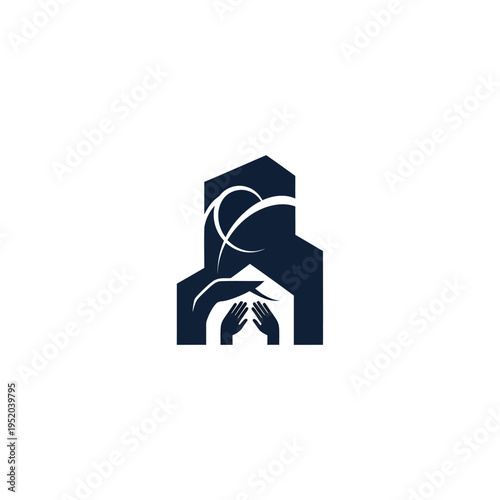 Logo of a house with hands inside, symbolizing community and care for home and family