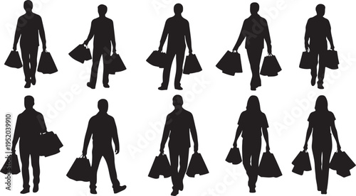 Silhouettes of people carrying shopping bags in various poses