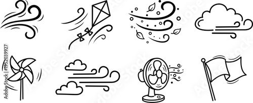 Wind blowing illustration set vector. Airflow doodle icon. Hand drawing breeze motion.