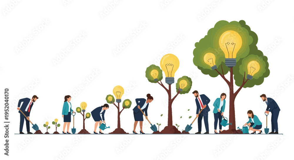 Fototapeta premium Set of 10 business people planting lightbulb trees vector