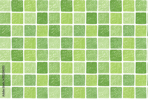 Hand drawn crayon grid seamless pattern. Green checkered mosaic tiles, doodle stripes pastel textures vector design