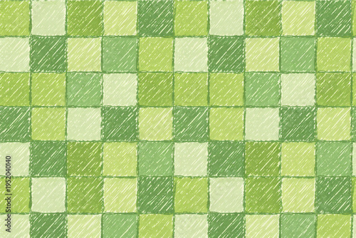 Hand drawn crayon grid seamless pattern. Green checkered mosaic tiles, doodle stripes pastel textures vector design