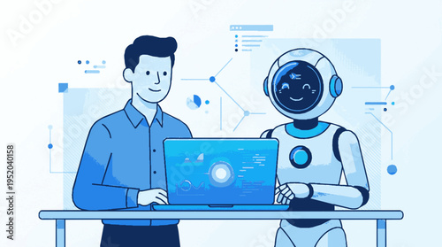Human and robot collaborate on laptop in modern office futuristic tech ai teamwork digital innovation