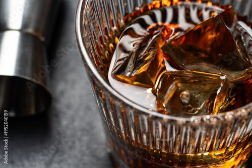  Whiskey with ice in crystal glass luxury alcohol drink close up