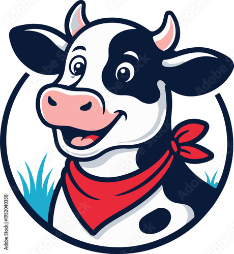 Cute Cow Cartoon Character Mascot with Red Scarf in Circle Frame Illustration