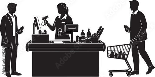 Silhouette of shopkeeper and customers in a retail store
