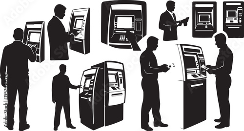 Silhouettes of people using ATMs and bank machines