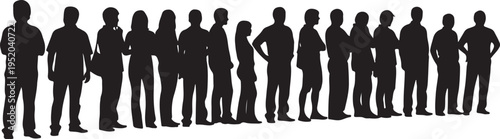 Silhouettes of diverse group of people standing together in line