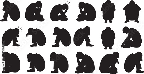 Silhouettes of people in various sad and depressed poses