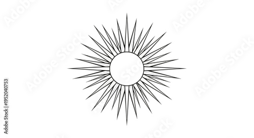 Minimalist Sun Symbol with Pointy Rays, Black Outline, Clean Design, Isolated White Background.