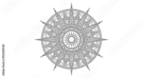 Highly Detailed Sun Symbol with Complex Patterns, Black and White, Ornate, in Bright Studio.