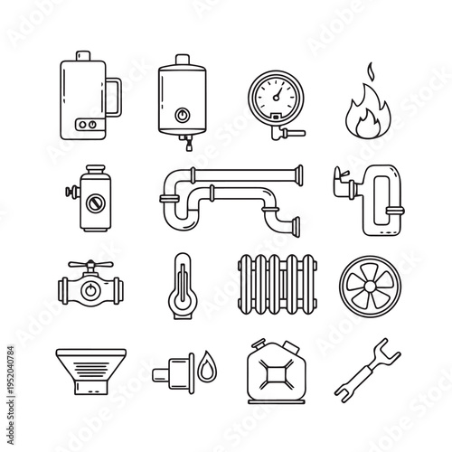 Plumbing and Heating Icons: Boiler Radiator Thermometer Valve Pipes Gauge Flame Fan