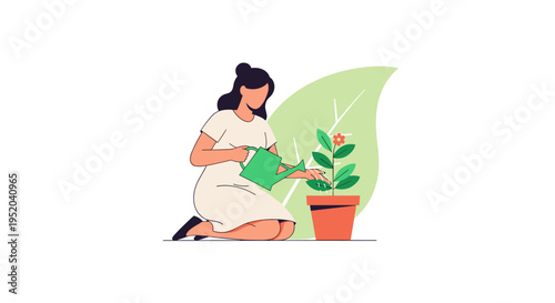 Woman Tend to Potted Plant with Watering Can Embracing Nature and Growth