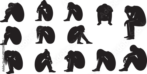 Silhouettes of a man in various sad poses isolated