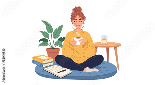 Cozy Moment: Woman Relaxing on Sofa with Warm Drink and Books at Home