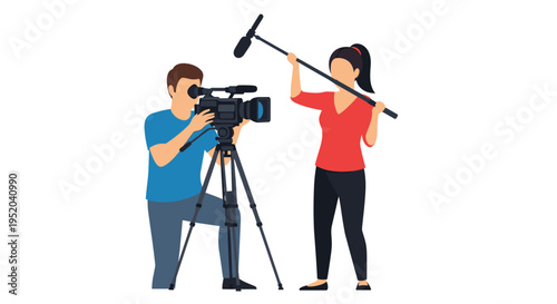Two media professionals work in illustration: recording sound and video production
