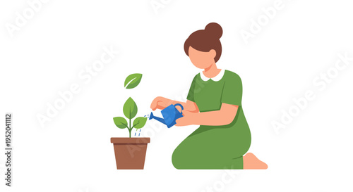 Illustration of woman gardener with watering can tending to a potted plant