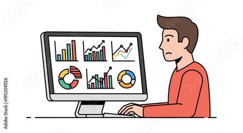 Illustration of a curious person observing data analysis on a monitor screen