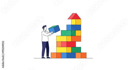 Man Assemble Colorful Blocks Building Up Wall Creative Construction Development