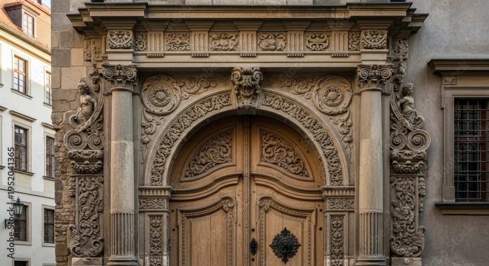 Obraz premium Ornate Wooden Doorway in Krakow, Poland - A Detailed Architectural View.