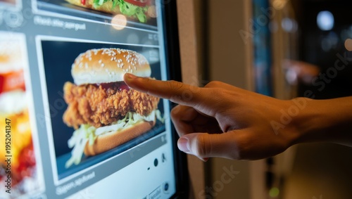 A close up view of a person using a digital self service kiosk to order a crispy chicken burger