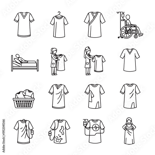 Medical Scrubs and Hospital Attire Icons: Patient Care Laundry and WardrobeStock Graphics