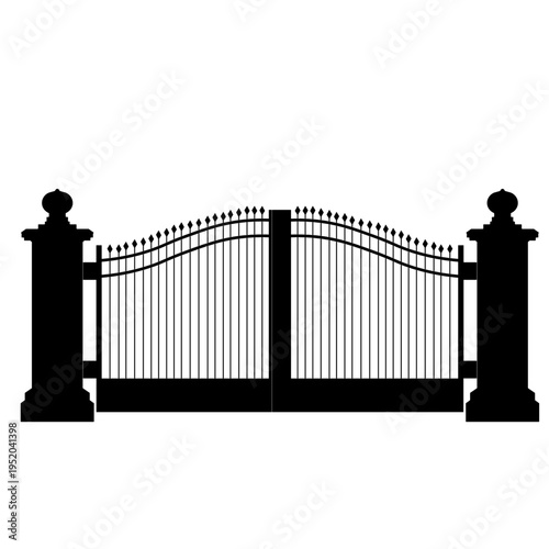 silhouette of an ornate wrought iron, driveway gate flanked by two decorative  masonry pillars. estates, luxury villas, formal residential entrance