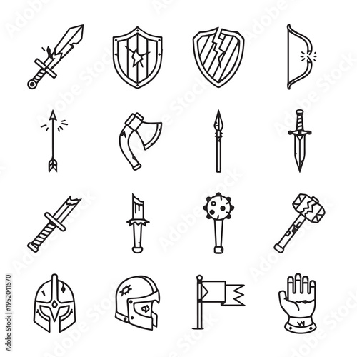 Medieval Warrior Weapons and Armor Icons Set. Sword Shield Axe Bow Helmet Glove. Stock Illustration