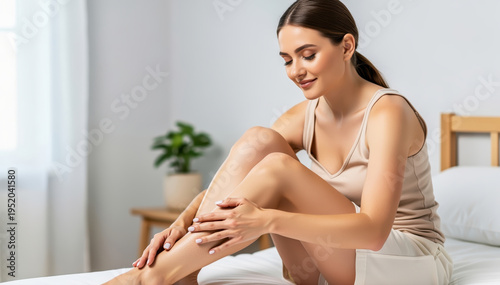 Serene Self-Care: A woman's gentle touch celebrates the smooth, healthy radiance of her skin in a moment of tranquil self-care, enhancing her natural beauty and wellness.