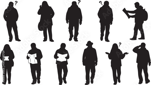 Silhouettes of people with various poses and questions
