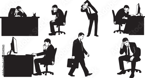 Businessman in various stressful office work situations and poses