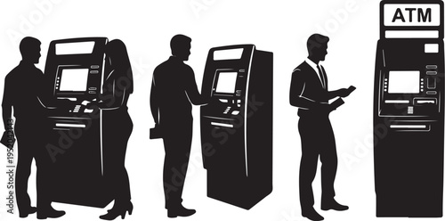 Silhouettes of people using Automated Teller Machines outdoors