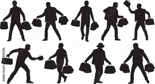 Silhouettes of people carrying bags in various poses and actions