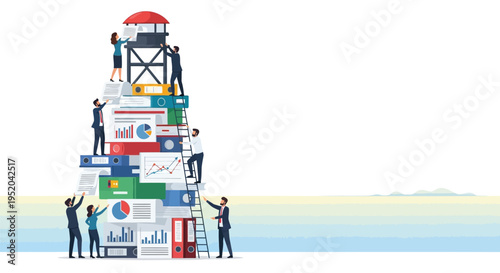 Vector illustration of people building a tower with business and office supplies