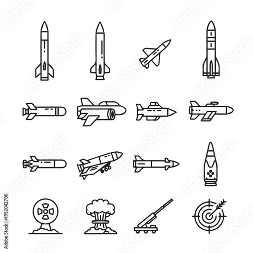 Military Missile and Aircraft Icons SetLine Art Collection