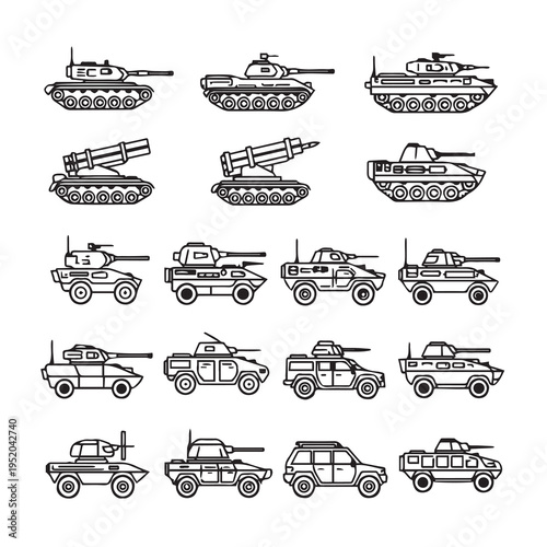Military Vehicle Icons Set: Tanks Rocket Launchers and Armored Cars in Outline Style