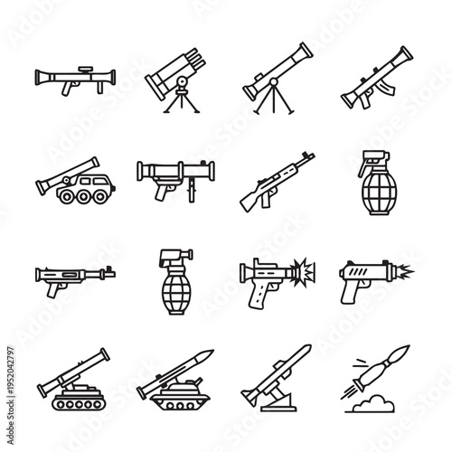 Military Weapons Collection: Rocket Launchers Grenades and Rifles Vector Icons
