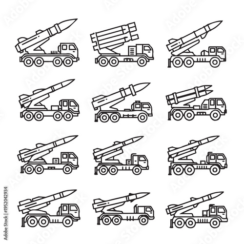 Missile Launcher Trucks Various Angles and Designs Line Art Icons