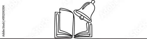 Book with bell one line art icon simple minimal education. One line draw graphic design vector