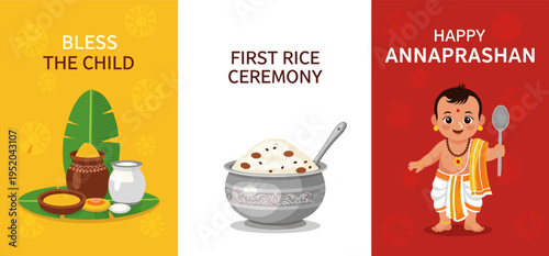 Annaprashan First Rice Ceremony Flat Illustration Set with Cute Baby and Traditional Food