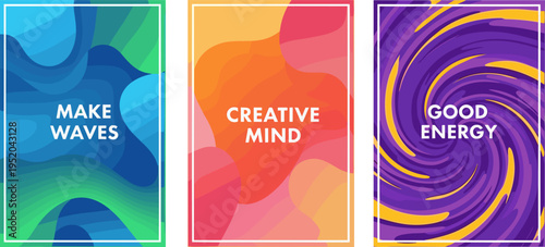 Abstract Fluid Background Poster Set with Liquid Waves and Swirl Shapes in Flat Modern Style