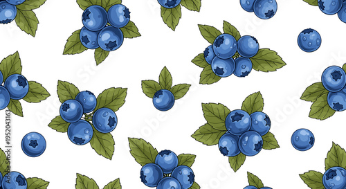 Blueberry Seamless Pattern with Leaves, Flat Vector Illustration of Fresh Organic Berries