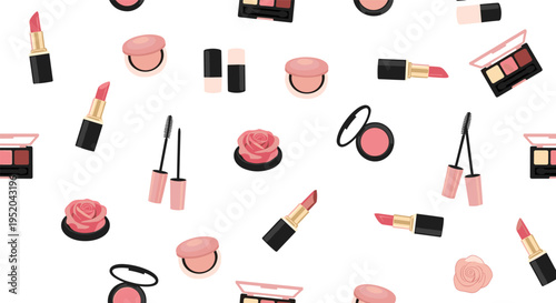 Cosmetics Makeup Seamless Pattern, Beauty Products Lipstick and Mascara Flat Vector Illustration