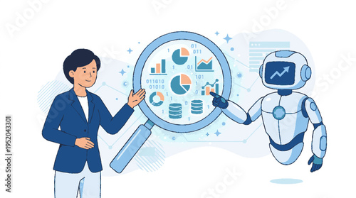 Business analyst and ai robot examining data charts and graphs together in modern office